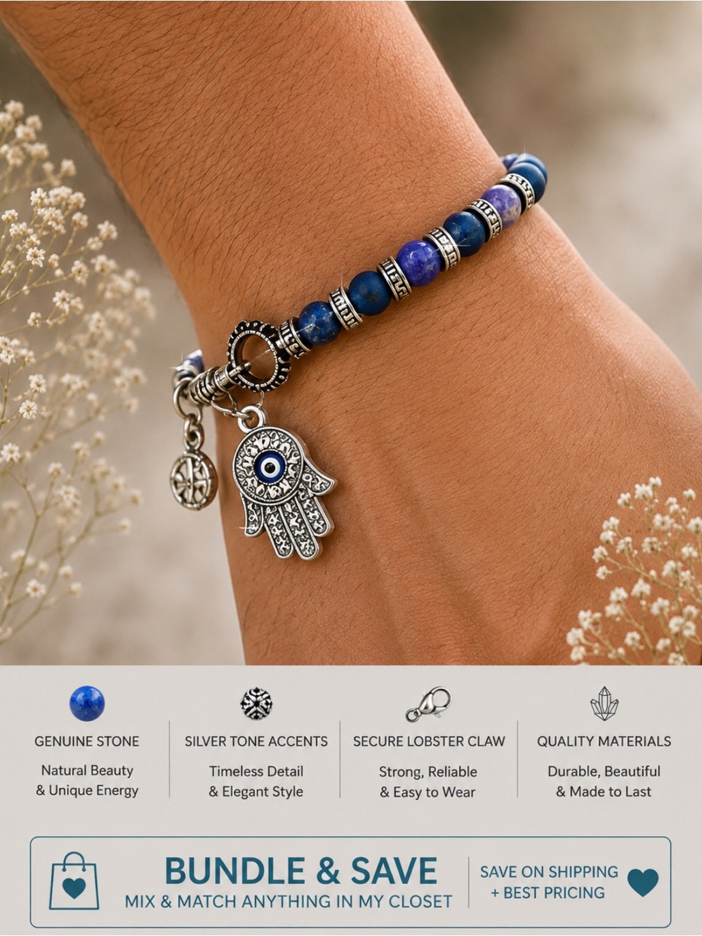 Genuine Unisex Stone Beaded Bracelet with Hamsa and Evil Eye